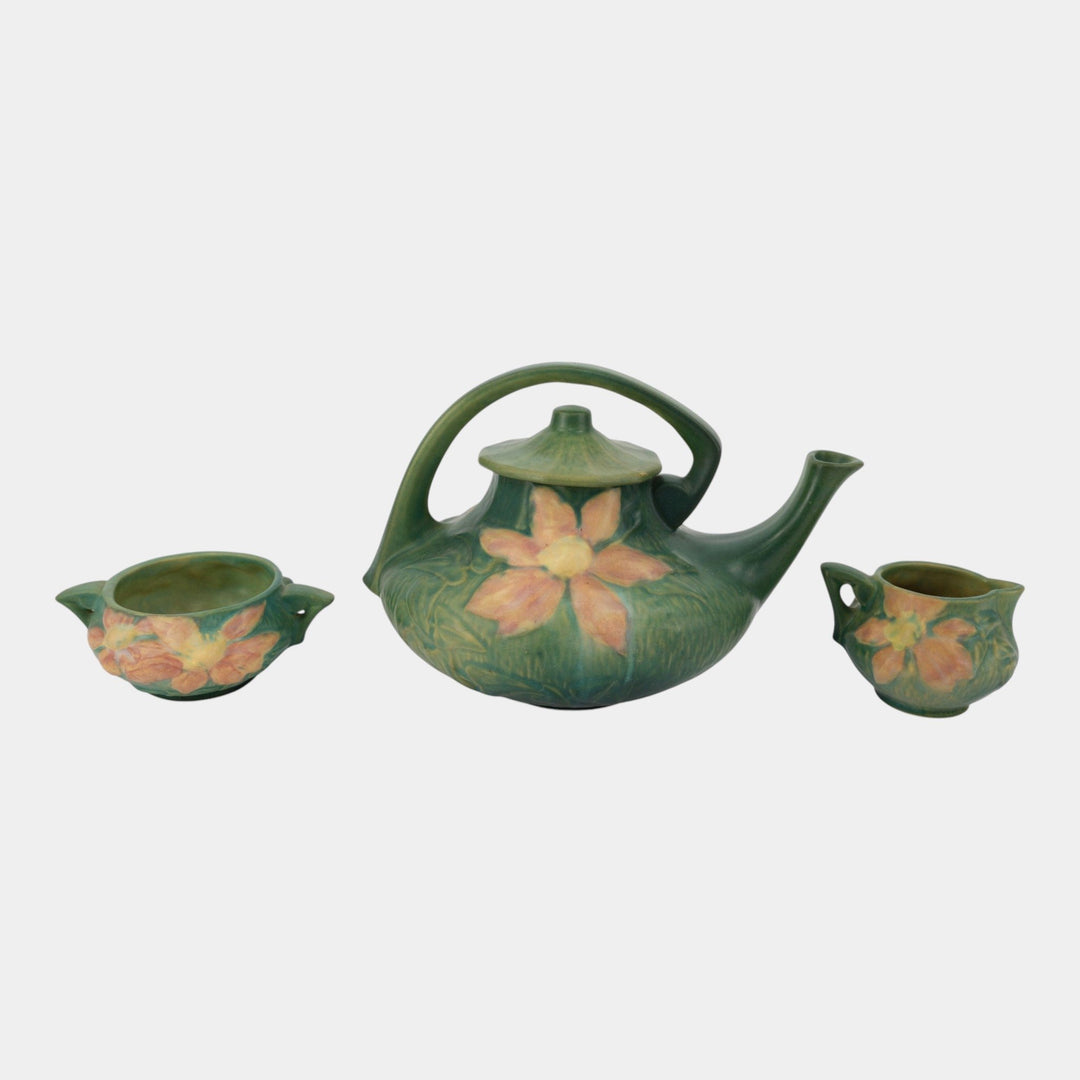 Roseville Clematis Green 1944 Mid Century Modern Teapot Creamer Sugar Bowl Set 5