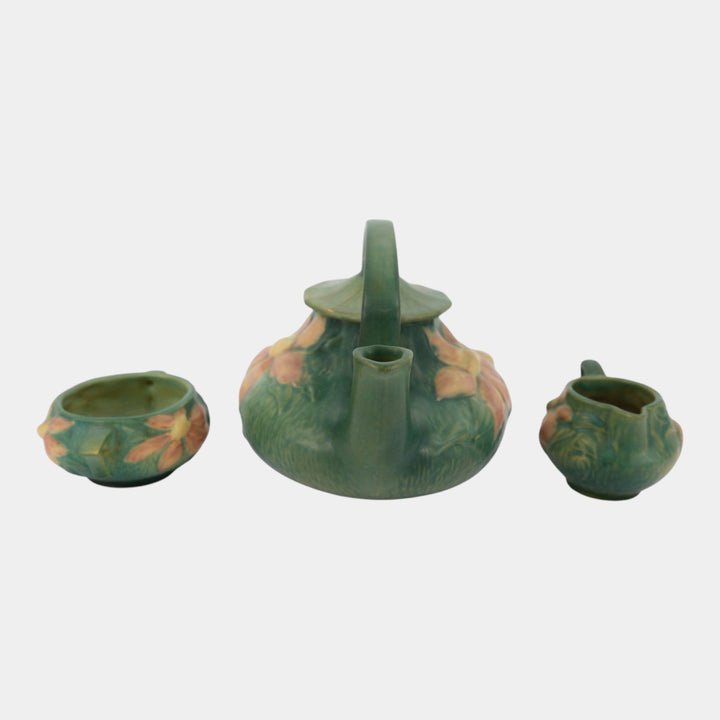 Roseville Clematis Green 1944 Mid Century Modern Teapot Creamer Sugar Bowl Set 5