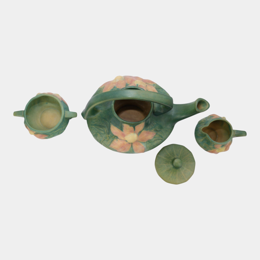 Roseville Clematis Green 1944 Mid Century Modern Teapot Creamer Sugar Bowl Set 5