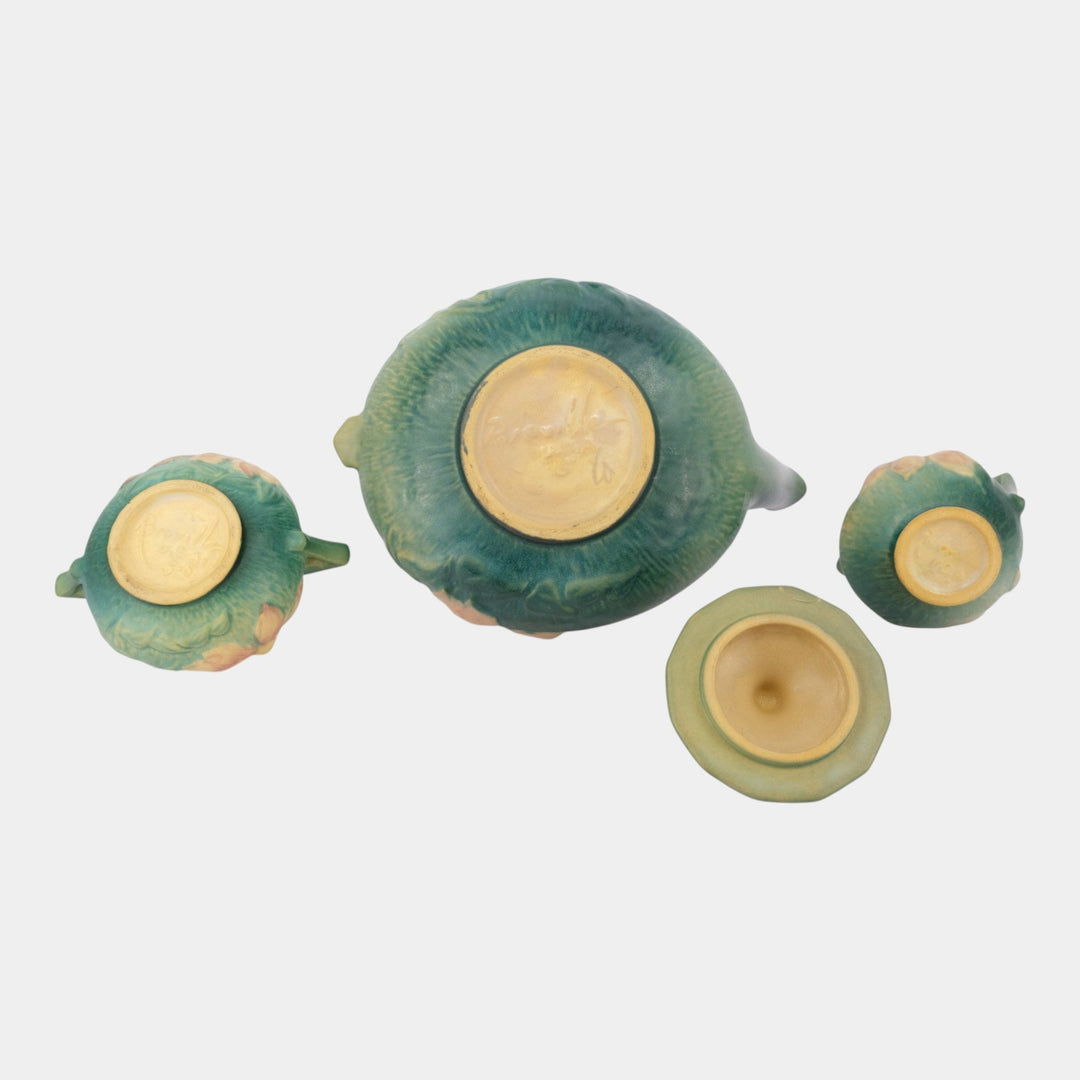 Roseville Clematis Green 1944 Mid Century Modern Teapot Creamer Sugar Bowl Set 5