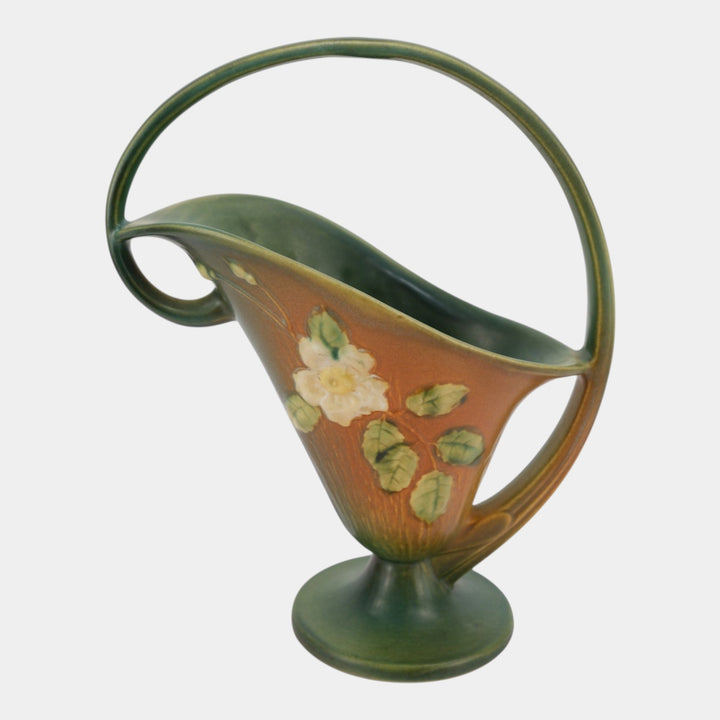 Roseville White Rose Green 1940 Vintage Art Pottery Ceramic Basket 364-12