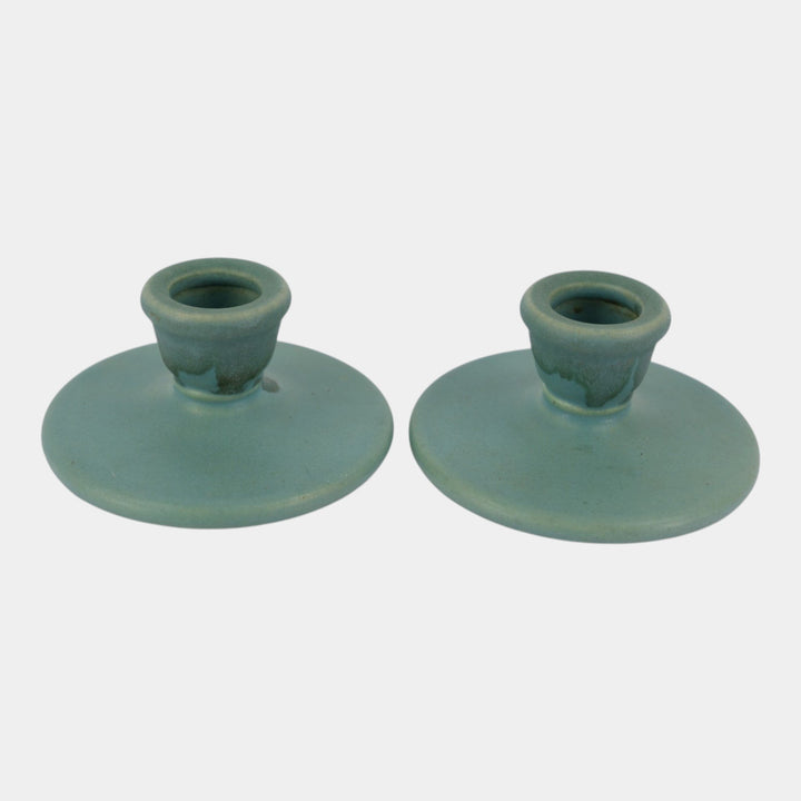 Roseville Carnelian I Green 1926 Vintage Arts And Crafts Candle Holders 1058-2