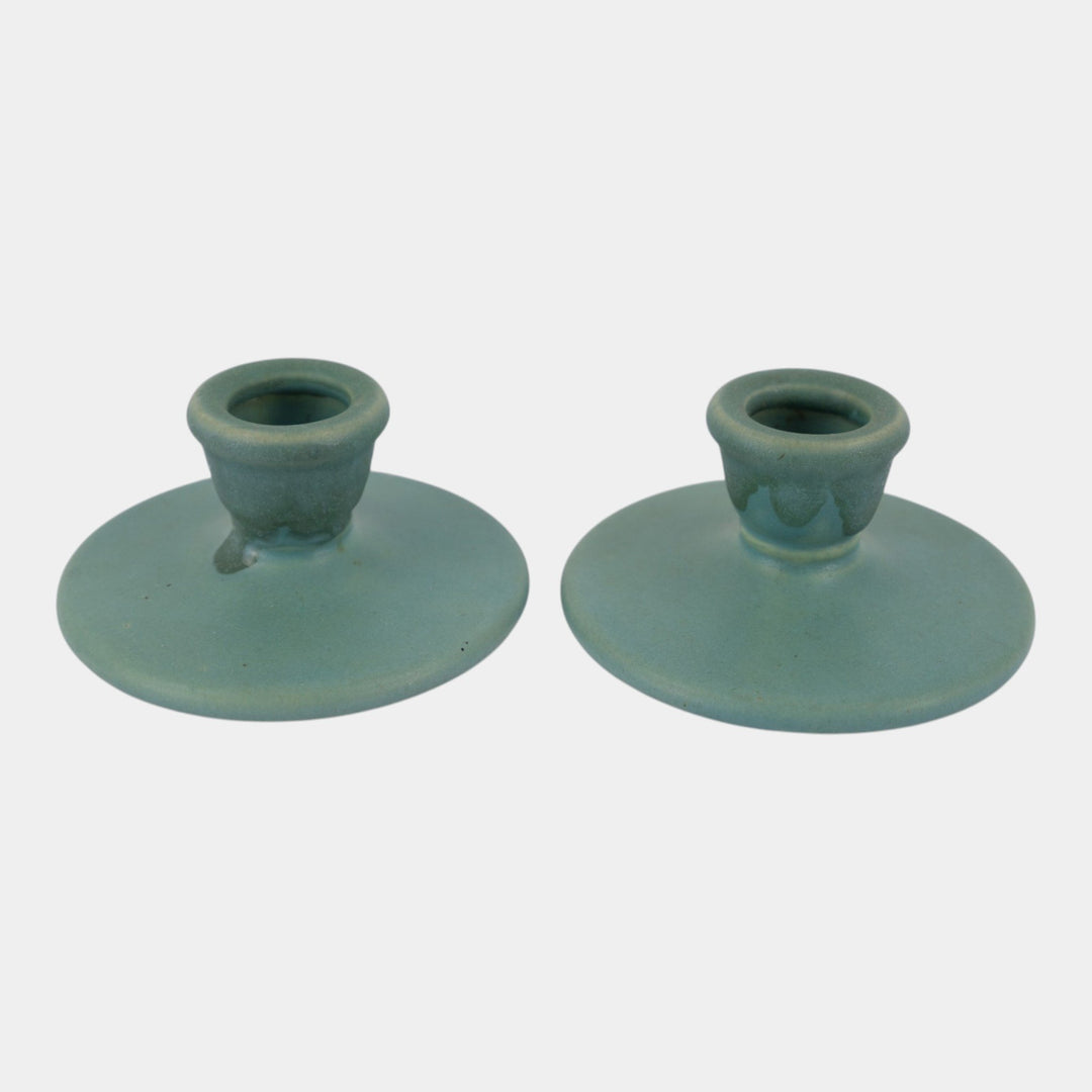 Roseville Carnelian I Green 1926 Vintage Arts And Crafts Candle Holders 1058-2