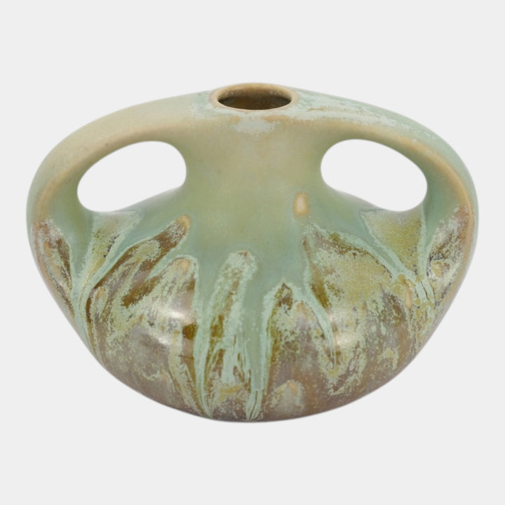 Clifton Pottery 1905 Arts And Crafts Matte Green Brown Double Handled Vase 106 - Just Art Pottery