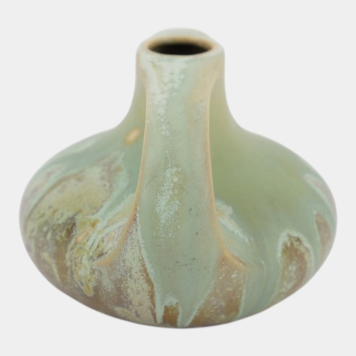 Clifton Pottery 1905 Arts And Crafts Matte Green Brown Double Handled Vase 106 - Just Art Pottery