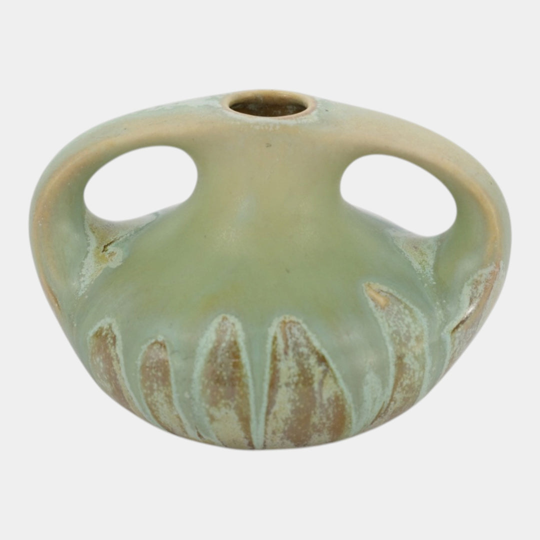 Clifton Pottery 1905 Arts And Crafts Matte Green Brown Double Handled Vase 106 - Just Art Pottery
