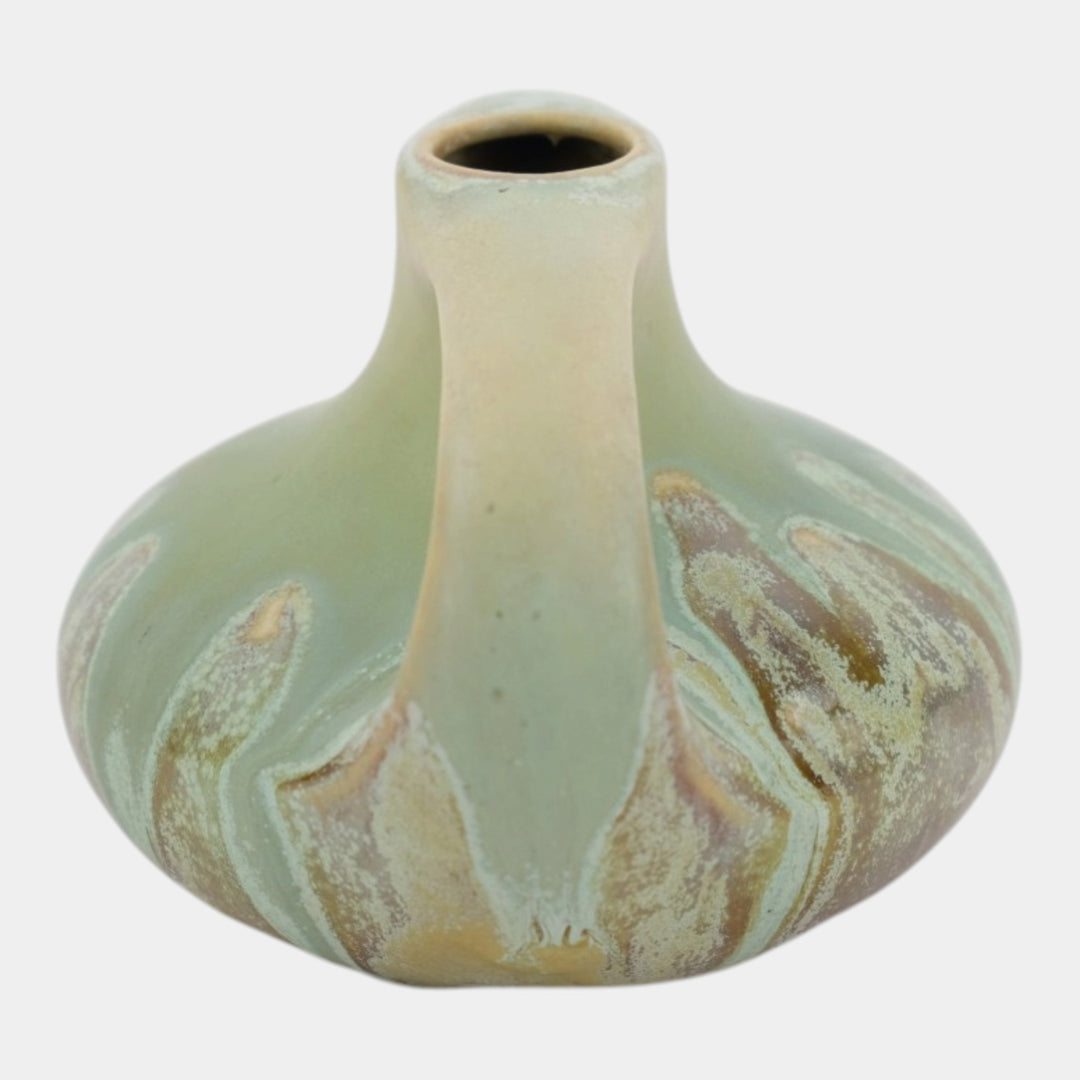 Clifton Pottery 1905 Arts And Crafts Matte Green Brown Double Handled Vase 106 - Just Art Pottery