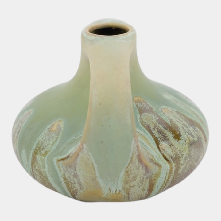 Clifton Pottery 1905 Arts And Crafts Matte Green Brown Double Handled Vase 106 - Just Art Pottery