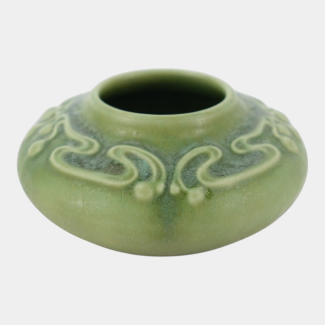 Clifton 1905 Arts And Crafts Pottery Matte Green Decorated Shoulder Low Vase104 - Just Art Pottery