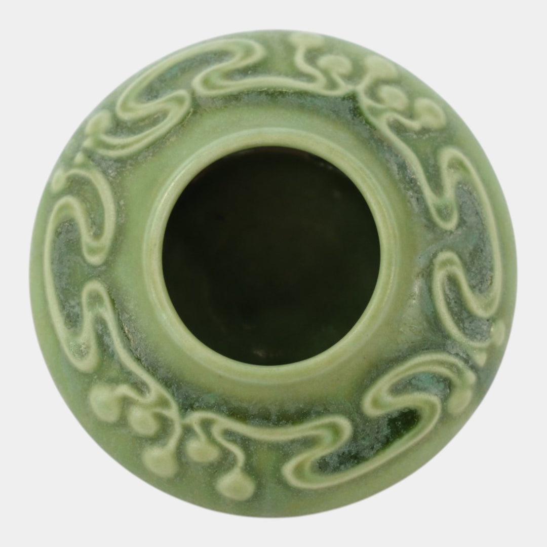 Clifton 1905 Arts And Crafts Pottery Matte Green Decorated Shoulder Low Vase104 - Just Art Pottery