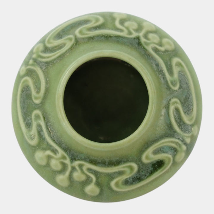 Clifton 1905 Arts And Crafts Pottery Matte Green Decorated Shoulder Low Vase104 - Just Art Pottery