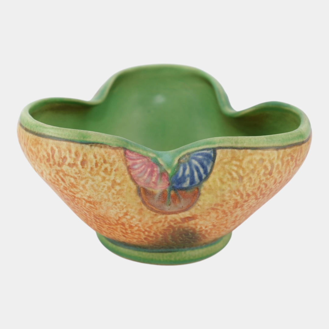 Weller Patra 1930s Vintage Art Pottery Brown Green Three Lobed Ceramic Bowl - Just Art Pottery