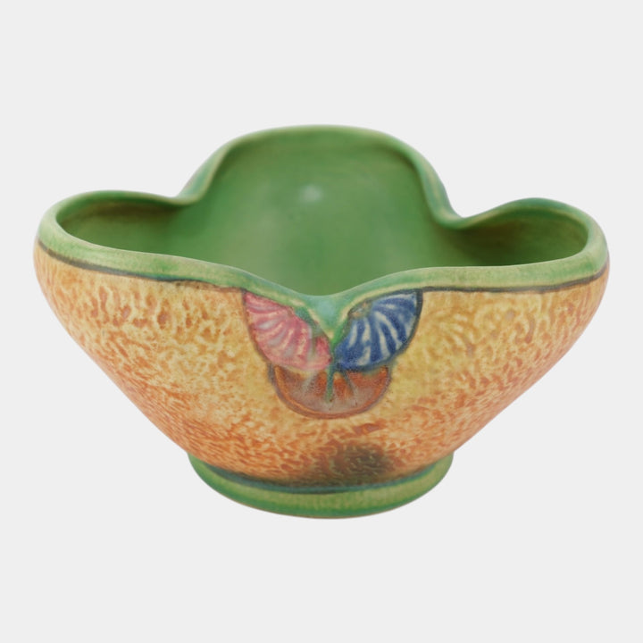 Weller Patra 1930s Vintage Art Pottery Brown Green Three Lobed Ceramic Bowl - Just Art Pottery