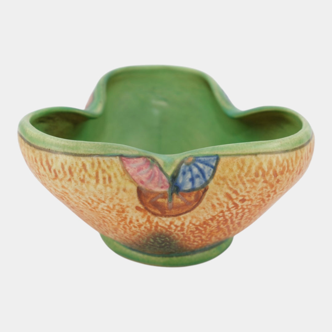 Weller Patra 1930s Vintage Art Pottery Brown Green Three Lobed Ceramic Bowl - Just Art Pottery