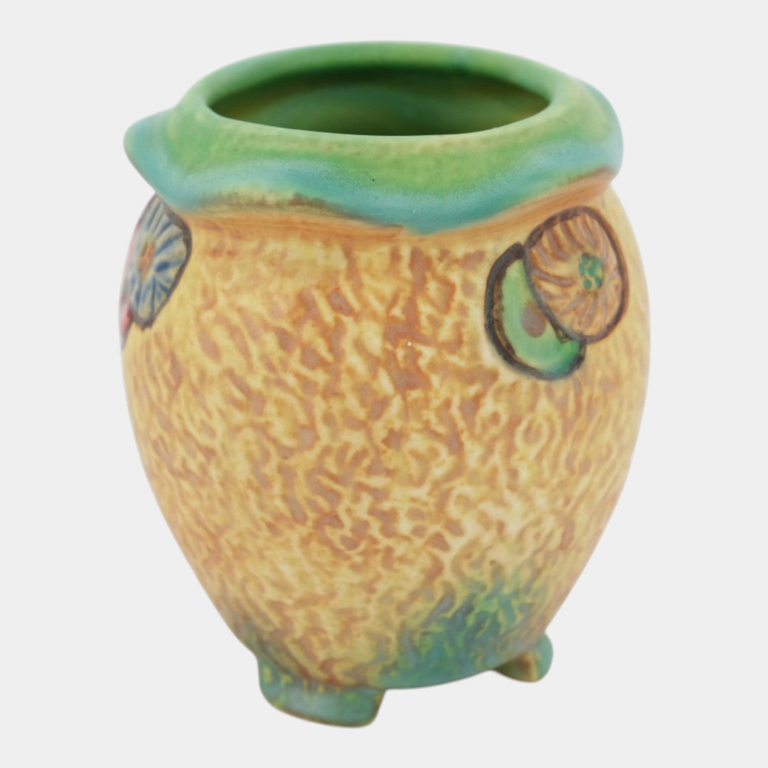 Weller Patra 1930s Vintage Art Pottery Three Footed Rolled Rim Ceramic Vase