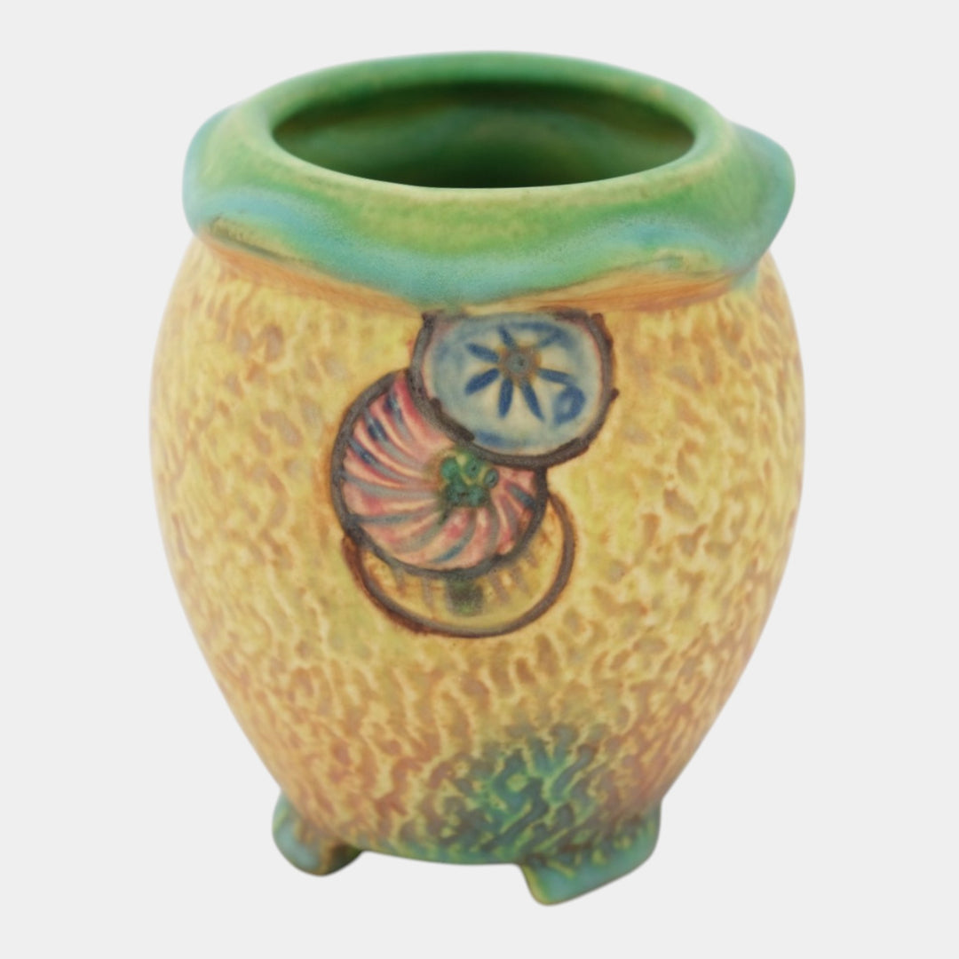 Weller Patra 1930s Vintage Art Pottery Three Footed Rolled Rim Ceramic Vase