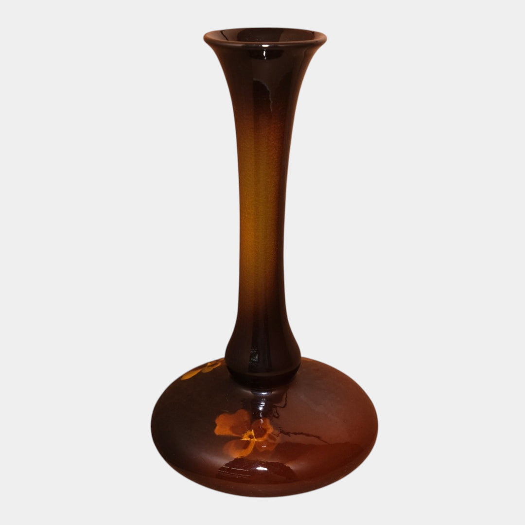 Weller Louwelsa 1900s Art Pottery Brown Pansy Deocrated Tall Flared Neck Vase - Just Art Pottery
