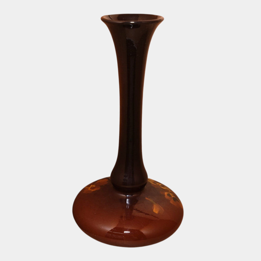 Weller Louwelsa 1900s Art Pottery Brown Pansy Deocrated Tall Flared Neck Vase - Just Art Pottery
