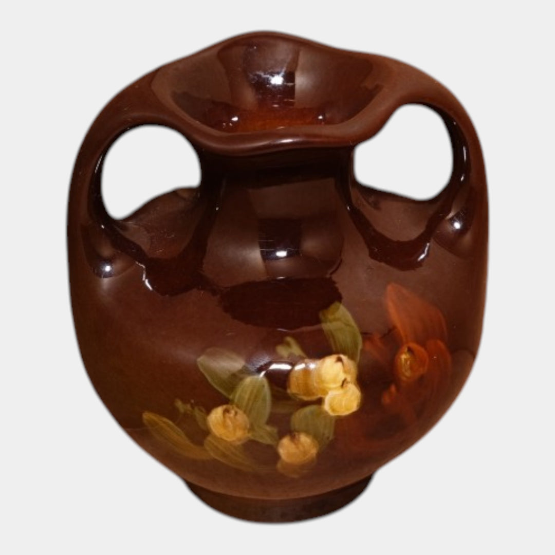 Roseville Rozane 1900s Pottery Yellow Red Floral Leaves Brown Ceramic Vase - Just Art Pottery