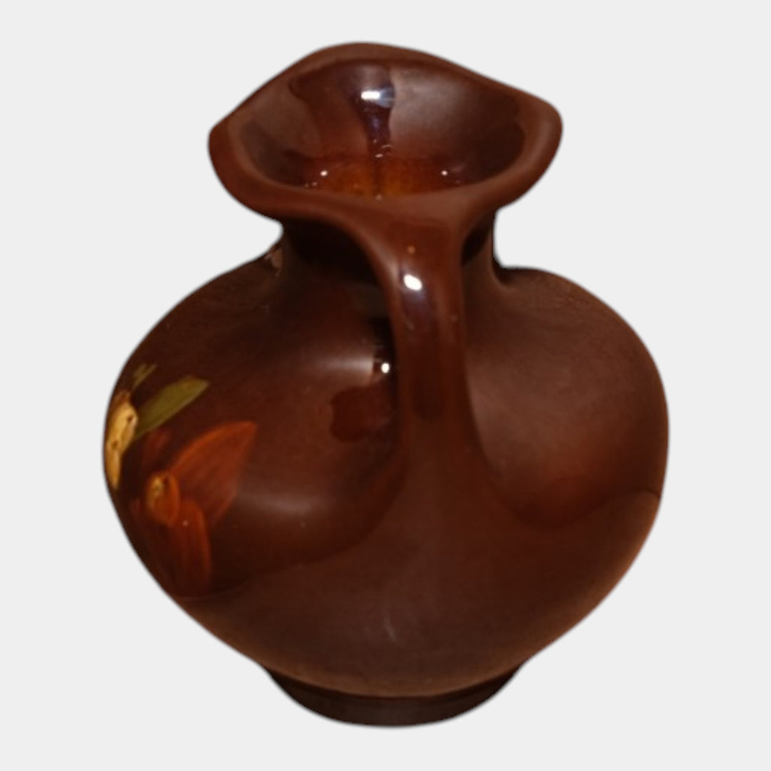 Roseville Rozane 1900s Pottery Yellow Red Floral Leaves Brown Ceramic Vase - Just Art Pottery