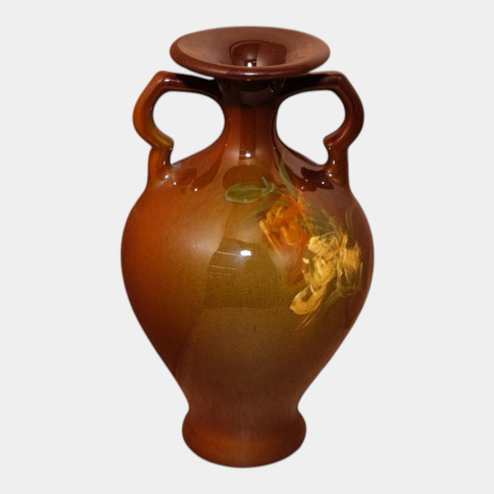 Roseville Rozane Early 1900s Art Pottery Floral Double Handled Brown Vase 907 - Just Art Pottery