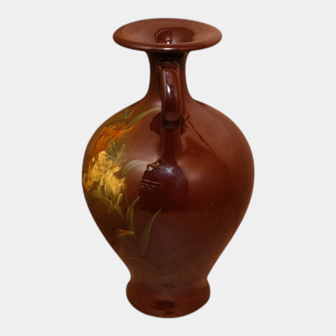 Roseville Rozane Early 1900s Art Pottery Floral Double Handled Brown Vase 907 - Just Art Pottery