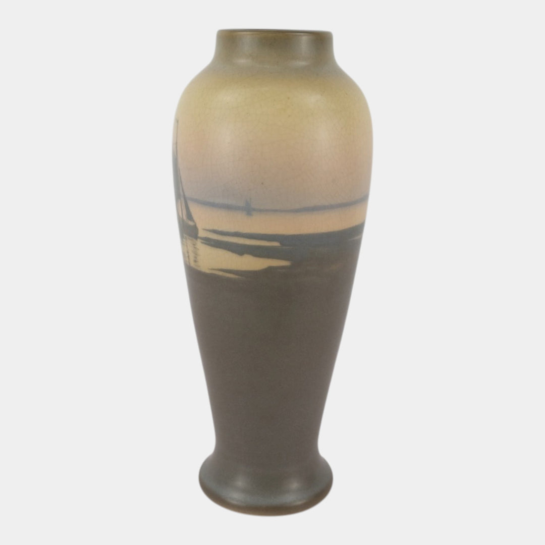 Rookwood 1911 Art Pottery Vellum Sailboat Seascape Ceramic Vase 1667 Coyne - Just Art Pottery