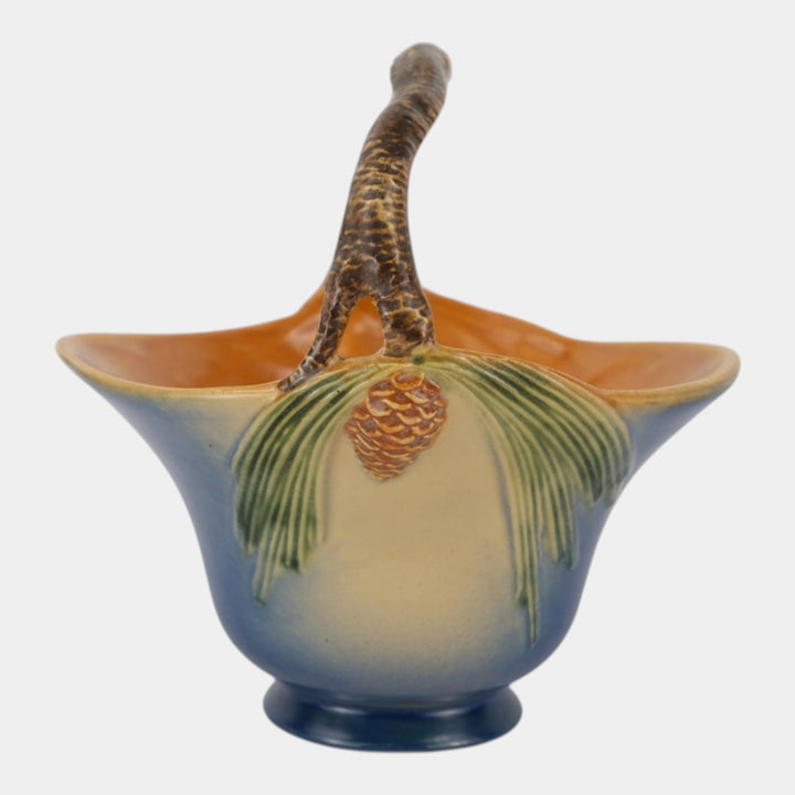 Roseville Pine Cone Blue 1953 Mid Century Modern Pottery Ceramic Basket 409-8 - Just Art Pottery