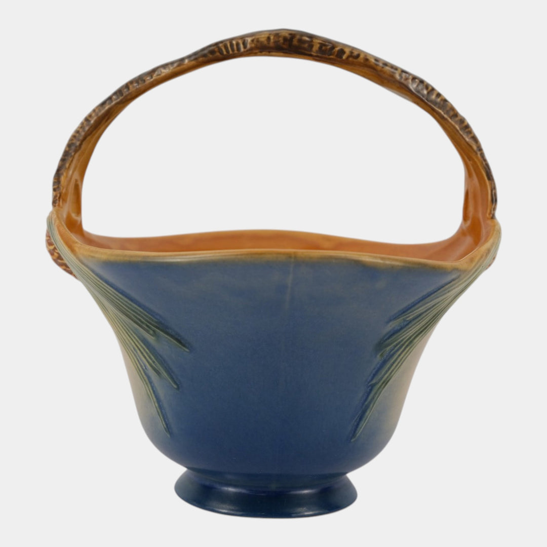 Roseville Pine Cone Blue 1953 Mid Century Modern Pottery Ceramic Basket 409-8 - Just Art Pottery