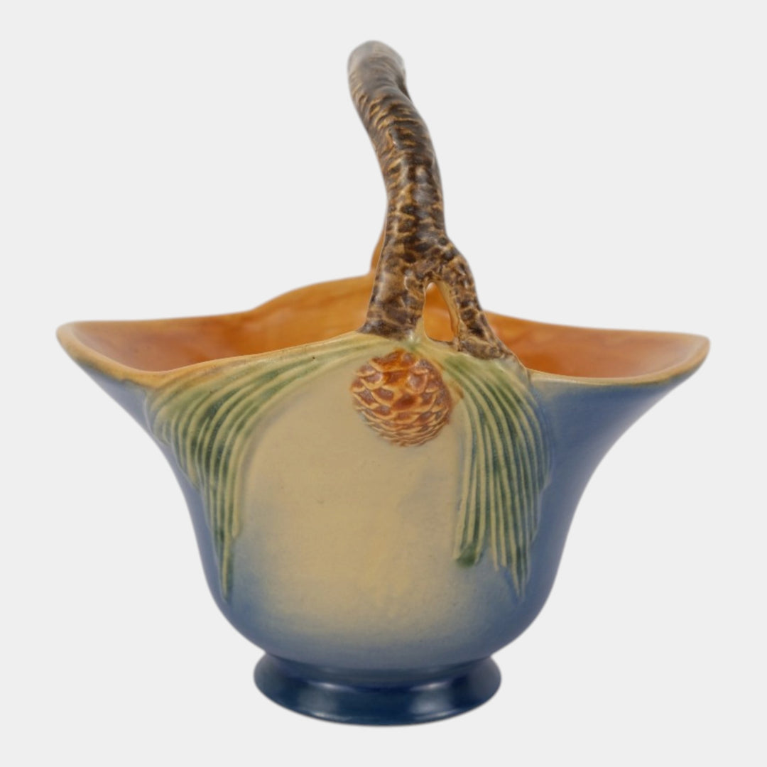Roseville Pine Cone Blue 1953 Mid Century Modern Pottery Ceramic Basket 409-8 - Just Art Pottery