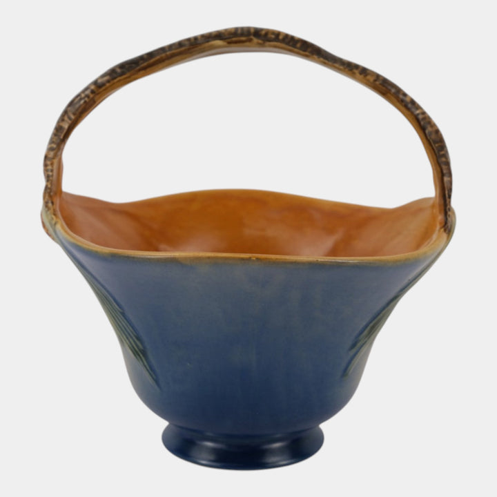 Roseville Pine Cone Blue 1953 Mid Century Modern Pottery Ceramic Basket 409-8 - Just Art Pottery