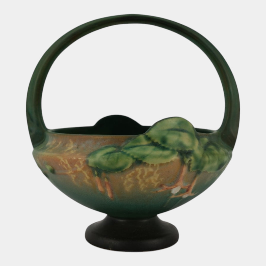 Roseville Fuchsia Green 1938 Vintage Pottery Ceramic Basket Flower Frog 350-8 - Just Art Pottery