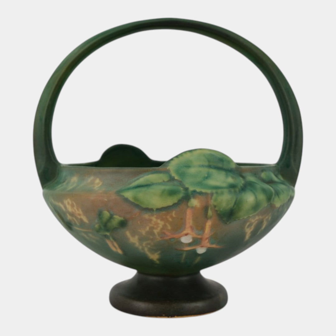 Roseville Fuchsia Green 1938 Vintage Pottery Ceramic Basket Flower Frog 350-8 - Just Art Pottery