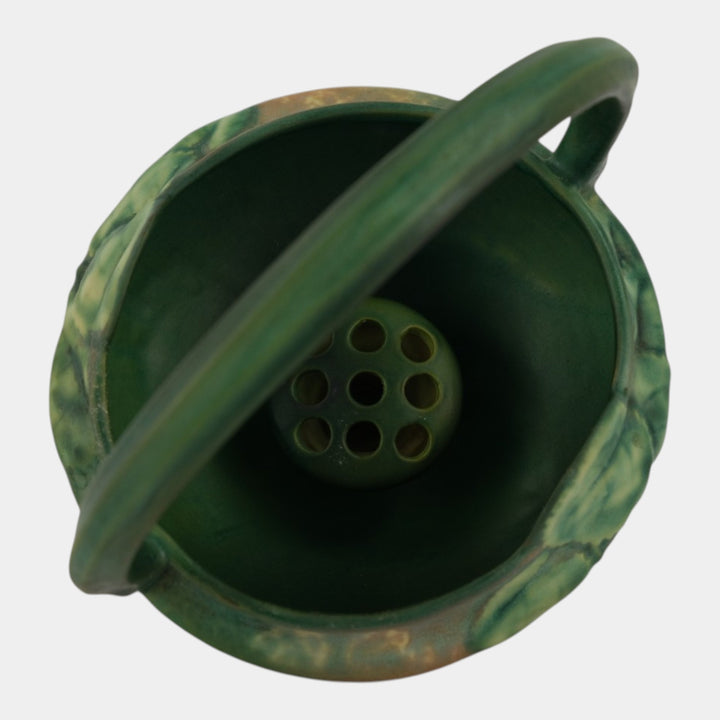 Roseville Fuchsia Green 1938 Vintage Pottery Ceramic Basket Flower Frog 350-8 - Just Art Pottery