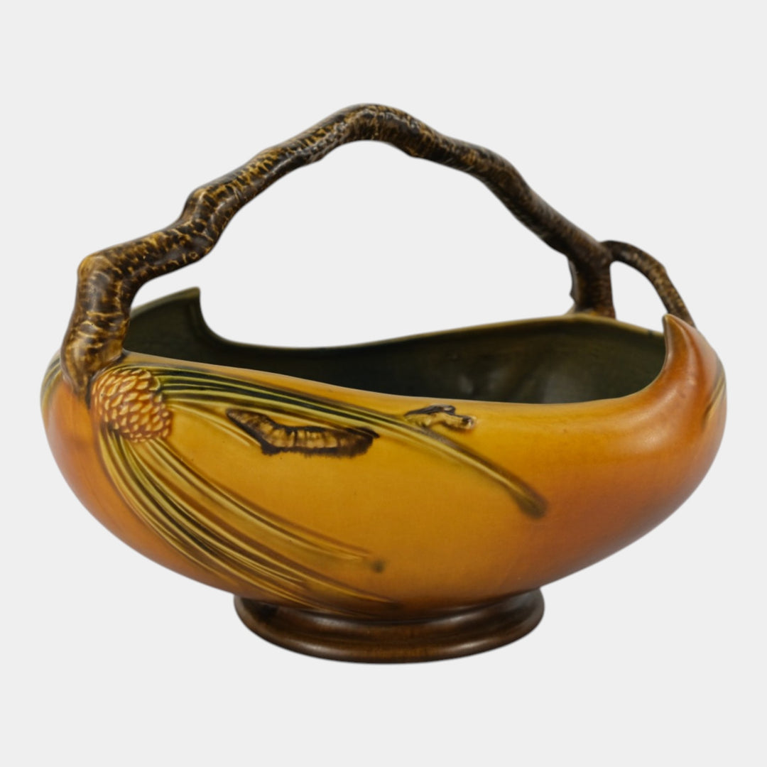 Roseville Pine Cone Brown 1936 Vintage Art Deco Pottery Large Ceramic Basket 339 - Just Art Pottery