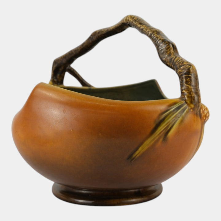 Roseville Pine Cone Brown 1936 Vintage Art Deco Pottery Large Ceramic Basket 339 - Just Art Pottery