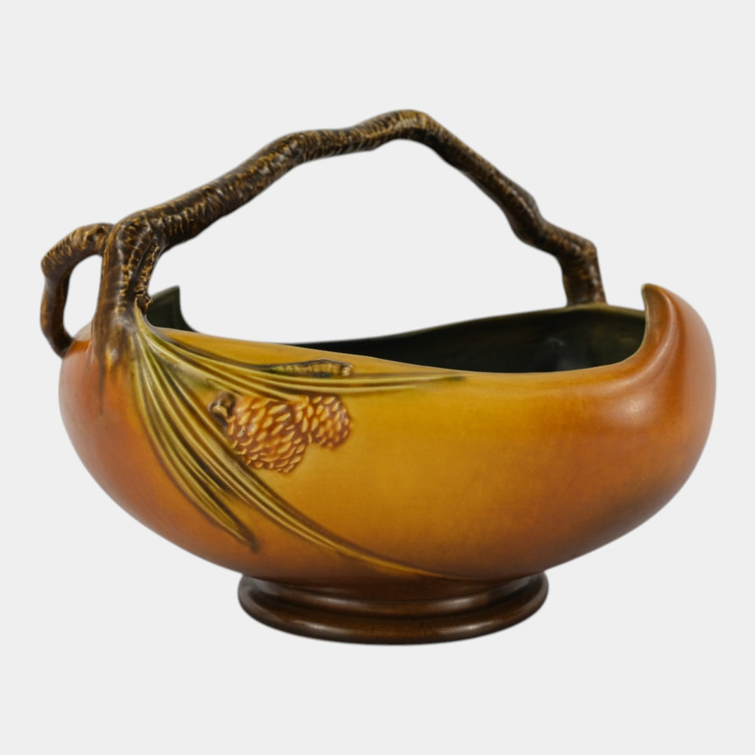 Roseville Pine Cone Brown 1936 Vintage Art Deco Pottery Large Ceramic Basket 339 - Just Art Pottery
