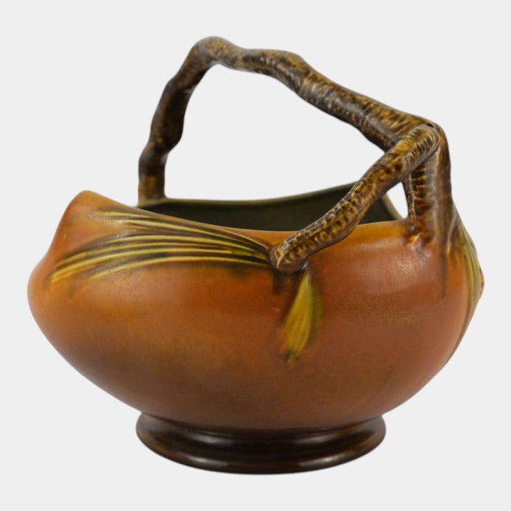 Roseville Pine Cone Brown 1936 Vintage Art Deco Pottery Large Ceramic Basket 339 - Just Art Pottery