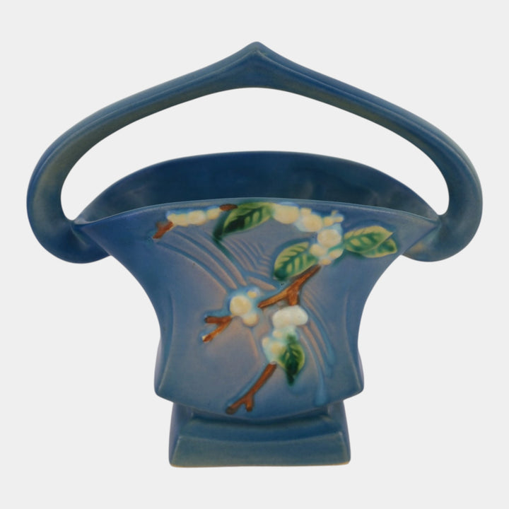Roseville Snowberry Blue 1947 Mid Century Modern Pottery Ceramic Basket 1BK-7 - Just Art Pottery