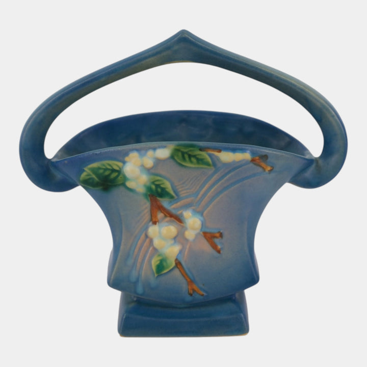 Roseville Snowberry Blue 1947 Mid Century Modern Pottery Ceramic Basket 1BK-7 - Just Art Pottery