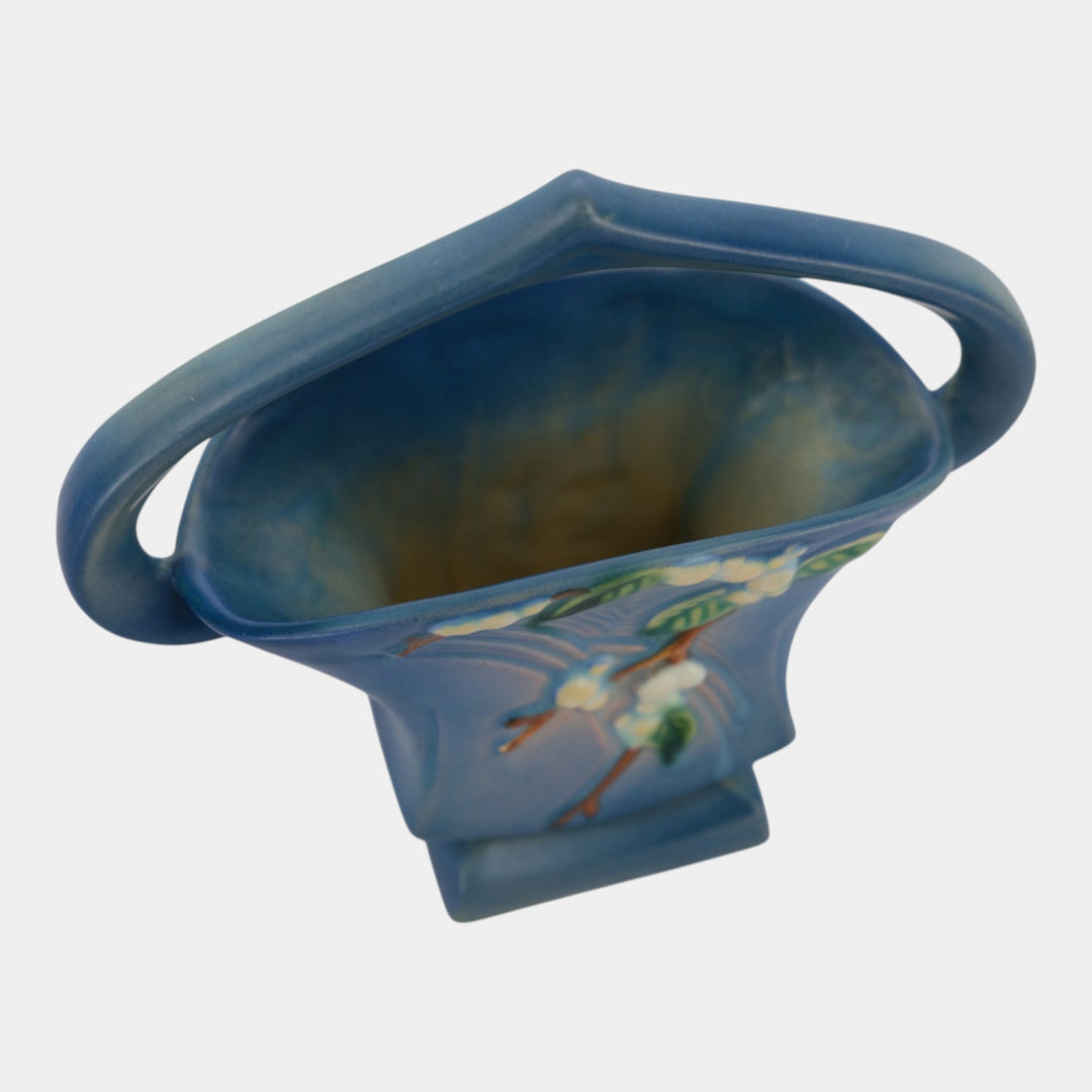 Roseville Snowberry Blue 1947 Mid Century Modern Pottery Ceramic Basket 1BK-7 - Just Art Pottery