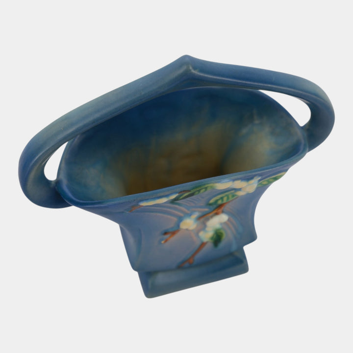 Roseville Snowberry Blue 1947 Mid Century Modern Pottery Ceramic Basket 1BK-7 - Just Art Pottery