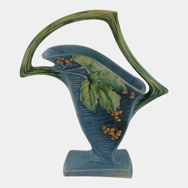 Roseville Bushberry Blue 1941 Vintage Art Pottery Ceramic Basket 371-10 - Just Art Pottery
