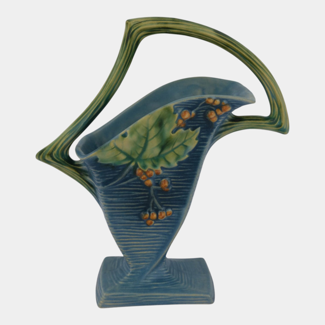 Roseville Bushberry Blue 1941 Vintage Art Pottery Ceramic Basket 371-10 - Just Art Pottery