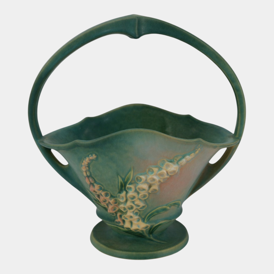 Roseville Foxglove Green 1942 Vintage Art Deco Pottery Ceramic Basket 375-12 - Just Art Pottery