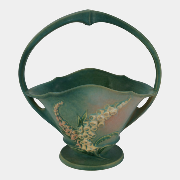 Roseville Foxglove Green 1942 Vintage Art Deco Pottery Ceramic Basket 375-12 - Just Art Pottery