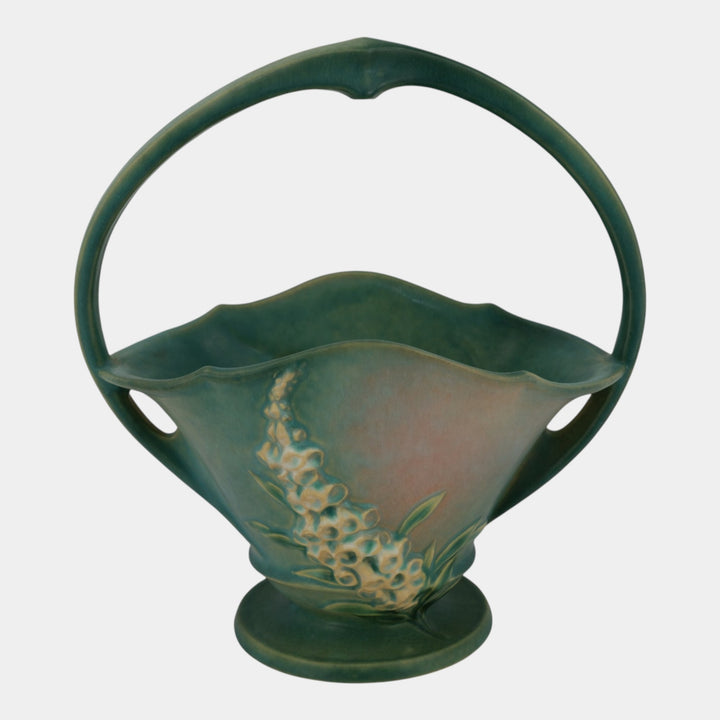 Roseville Foxglove Green 1942 Vintage Art Deco Pottery Ceramic Basket 375-12 - Just Art Pottery