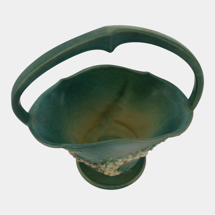 Roseville Foxglove Green 1942 Vintage Art Deco Pottery Ceramic Basket 375-12 - Just Art Pottery