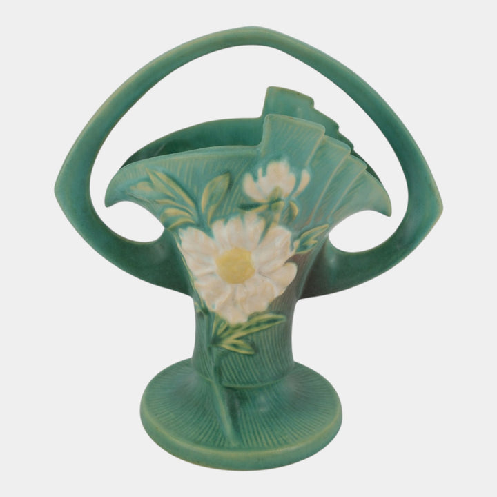 Roseville Peony Green 1942 Mid Century Modern Pottery Ceramic Basket 378-10 - Just Art Pottery