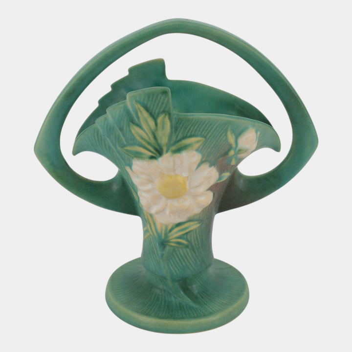 Roseville Peony Green 1942 Mid Century Modern Pottery Ceramic Basket 378-10 - Just Art Pottery